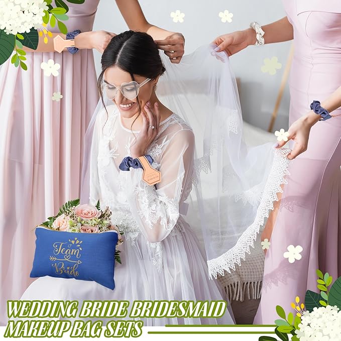 Sweetude 27 Pcs Bridesmaid Proposal Gift Bride Cosmetic Makeup Bags Bridal Hair Scrunchies Ties Heart Shape Sunglasses for Wedding Bachelorette Party Favor(Blue, White)
