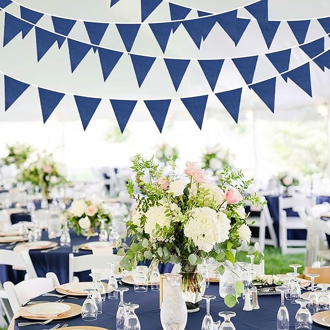 46Ft Blue Party Decorations Deep Blue Nautical Burlap Banner Triangle Pennant Flag Linen Garland Streamers for Vintage Nautical Birthday Wedding Rustic Summer Baby Shower Graduation Party Decorations