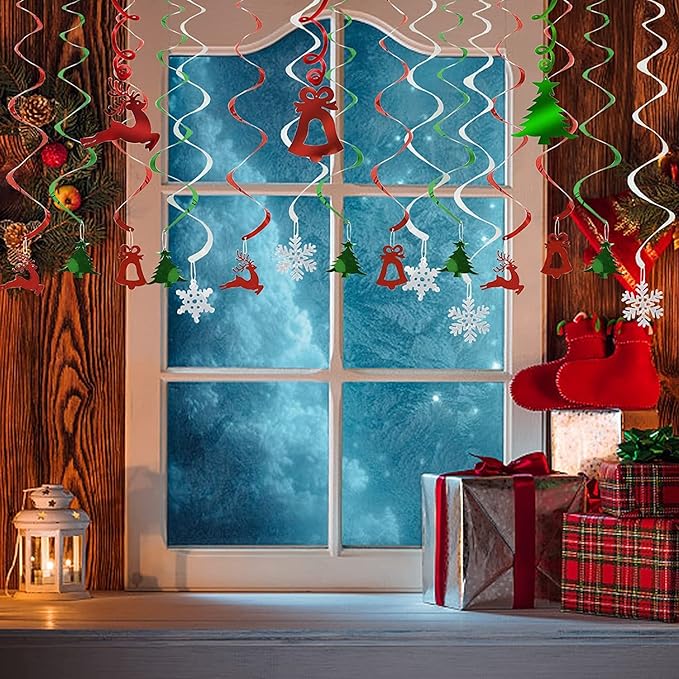 Christmas Party Decorations Foil Hanging Ceiling Swirls (30Pcs Fully-Assembled) Christmas Reindeer Bell Christmas Tree Snowflake Swirls for Porch Home House Bar, Xmas Holiday Supplies Decorations