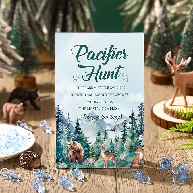 Thyle 51 Pcs Let The Adventure Begin Pacifier Hunt Baby Shower Games Include Hunt Sign and 50 Acrylic Pacifiers for Adventure Awaits Baby Shower Game Decoration Gift Sets Gender Reveal Party Decor