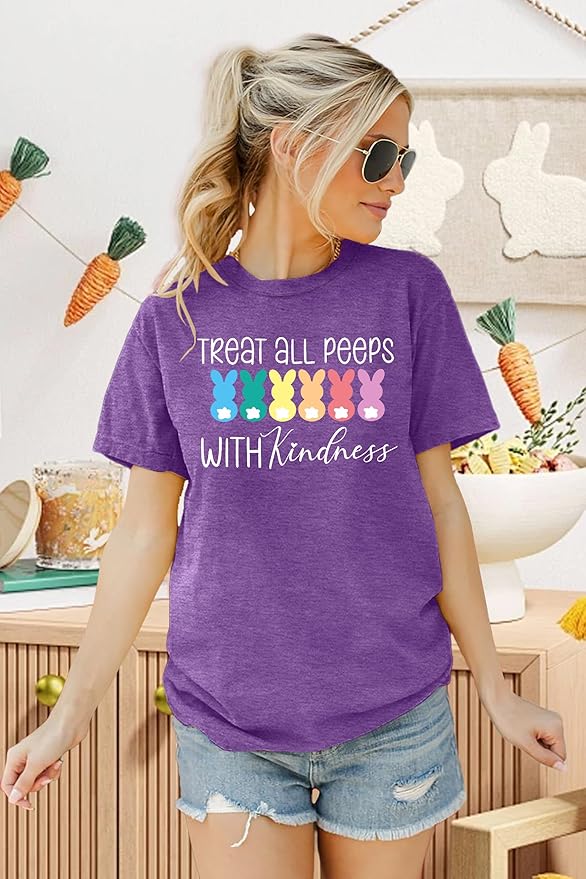 LAZYCHILD Women Easter Teacher Shirts: Funny Treat All with Kindness T-Shirt Bunny Rabbit Tee Tops