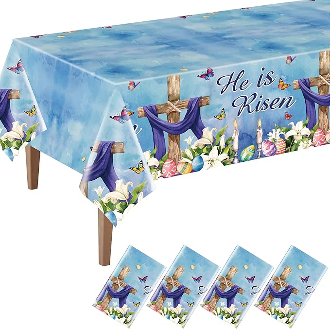 4 Pcs Easter Plastic Tablecloth, Religious He is Risen Tablecloths Rectangle Disposable Table Cover for Home Picnic Dinner Easter Party Decoration, 54 x 108 Inch