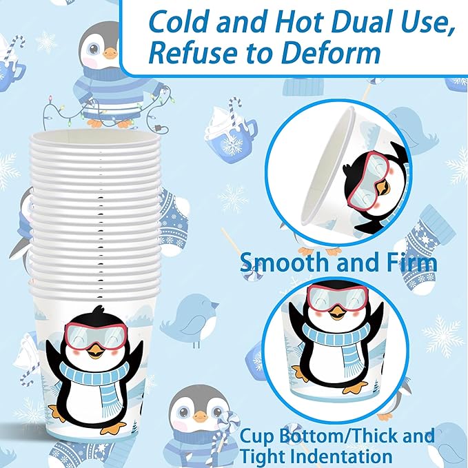 Winter Penguin Party Supplies Set, 141 Pieces Birthday Decorations with Plates, Cups, Tablecloth, Banner, Blue and White Theme Pack for 20 Guests