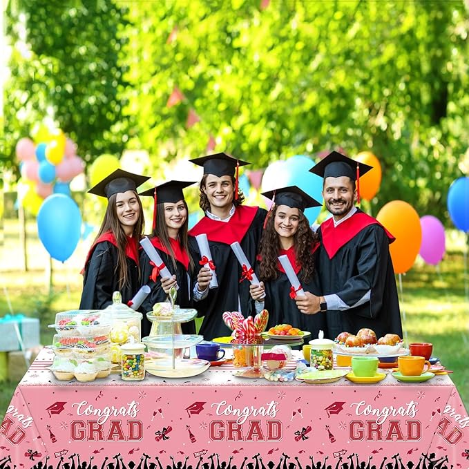 chiazllta Set of 3 Graduation Tablecloths Class of 2026 Congrats Grad Pink Graduation Party Tablecover Decorations Party Supplies Large Size Plastic 54"x108"(Pink & Gold)