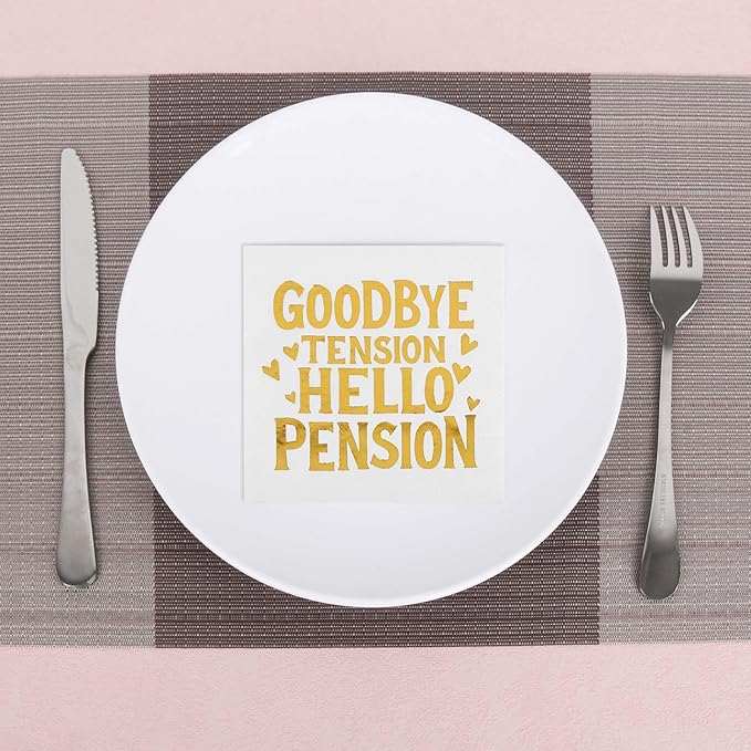 50 Pack Gold and White Retirement Paper Cocktail Napkins,GOODBYE TENSION HELLO PENSION Funny Farewell Celebration Party Supplies