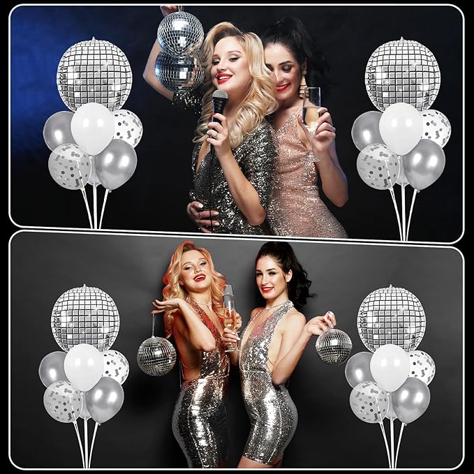 Disco Ball Party Balloons Stand Kit 2 Sets with 2 Silver 4D Discoball Foil Balloon Disco Ball Centerpiece for Tables 70s 80s 90s Dance Themed Birthday Decorations Silver White Party Supplies