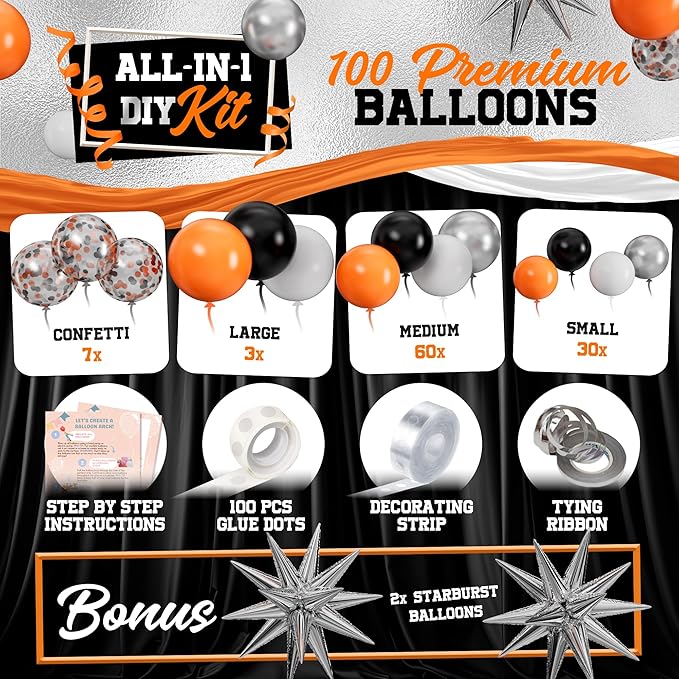ALL-IN-1 Orange Black White Balloons Arch Kit with BONUS Starburst Balloons – Small & Large White Orange Black Balloons – Party Decorations for Graduation, Birthday Bengals, Halloween, Harley Davidson