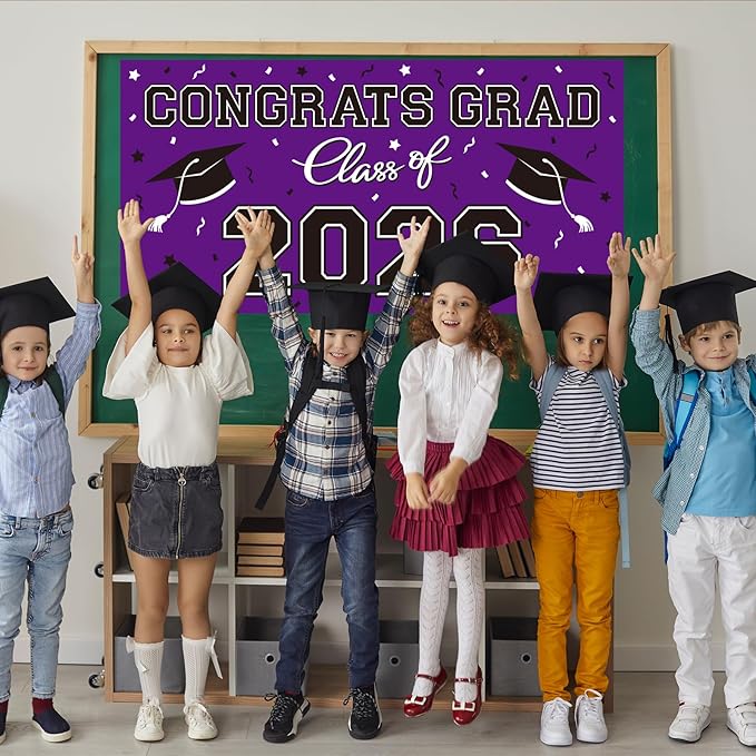 2026 Graduation Party Plastic Backdrop - 65" x 32.7" Congrats Grad Banner in Purple, Large Class of 2026 Decorations, Photography & Grad Party Supplies