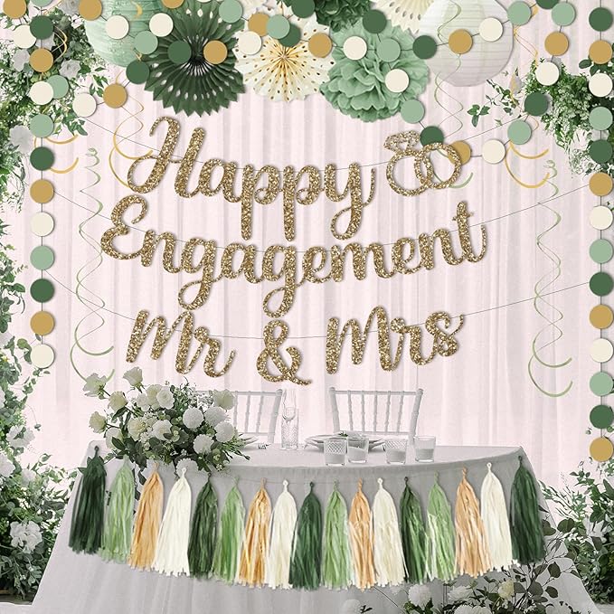 Engagement Party Decorations,Green Sage Congratulations Decorations includes Gold Glitter Happy Engagement Banner for Just Engaged Almost Married Party, Bachelorette Party Decorations