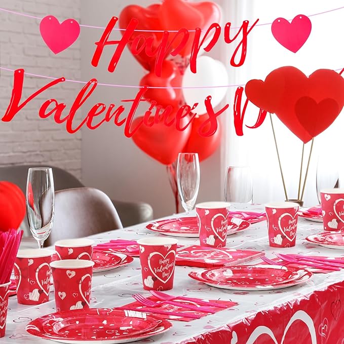 Jenaai 166 Pcs Happy Valentine's Day Party Supplies Valentine's Day Tableware Set Decorations Include Pink Love Banner Disposable Heart Plates Napkins Forks Cups Knives Spoons Balloons for Dinner