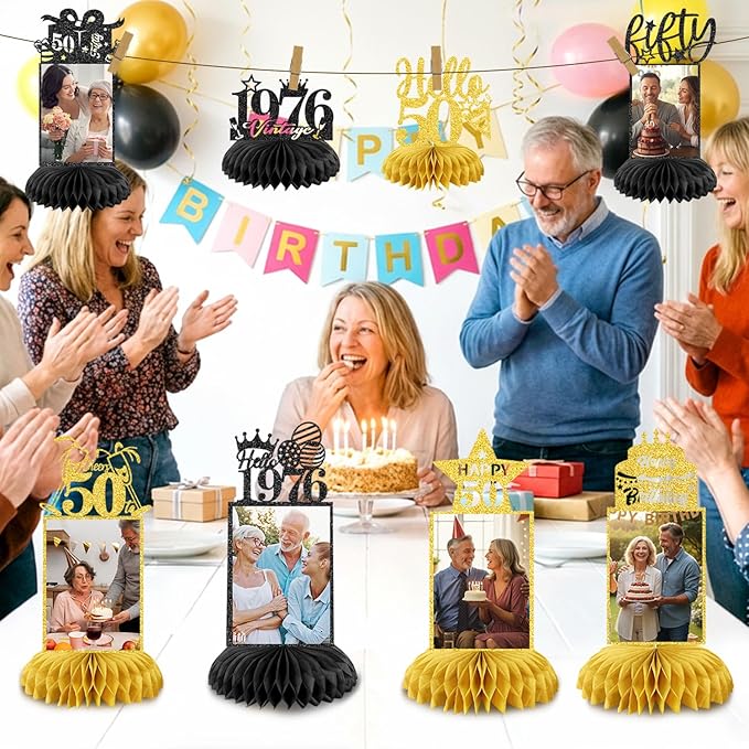 8Pcs 50th Birthday Decoration for Men Women 50th Birthday Table Decorations Cheers to 50th Birthday Honeycomb Centerpieces Table Topper Black and Gold 50th Birthday Party Favors