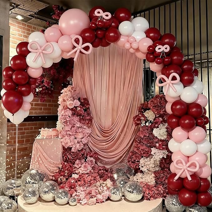 Pink and Red Balloon Arch Kit, Double Stuffed Balloons and Bows for Retro Soda Theme Baby Shower Coquette Cherry Themed Birthday Wedding Romantic Valentines Party Decorations
