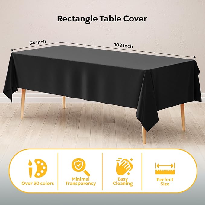 Exquisite 6-Pack Plastic Tablecloth 54x108 Rectangle Value Pack Plastic Table Cover - Black