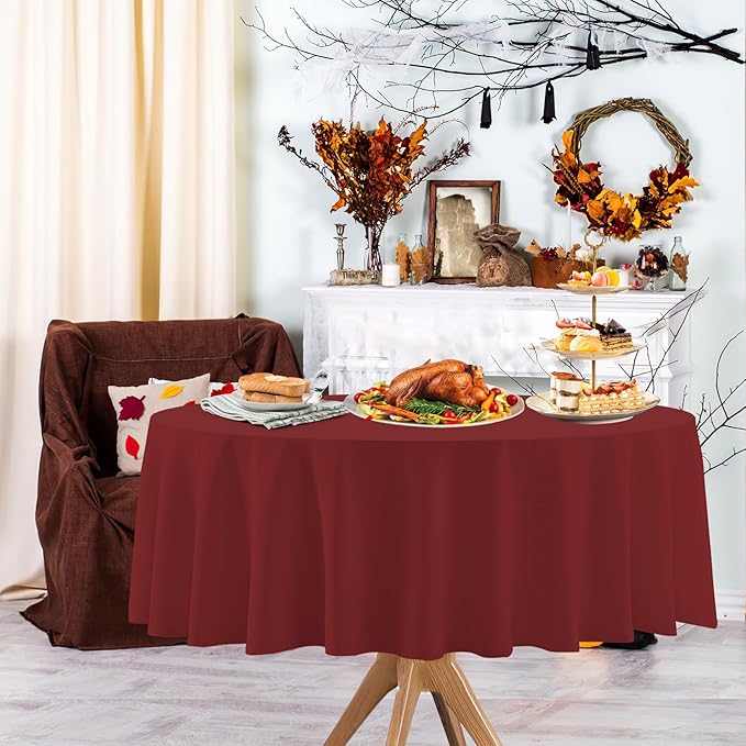 12 Pack Fall Plastic Round Tablecloths–84 Inch Disposable Autumn Table Covers in 4 Colors (Red,Orange,Yellow,Brown),Thanksgiving Harvest Party Decorations for Home Events