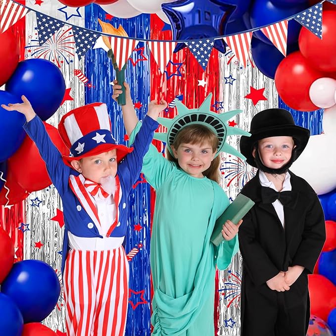 4th of July Decorations 3 Pack Foil Fringe Garland Tinsel Curtains, Red White Blue Hanging Fringe Backdrop Banner, Photo Booth Prop for Patriotic Party Decor (Streamers 3)