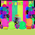 223 PCS Glow in the Dark Party Supplies, Including Colorful Plates Napkins Tablecloth Happy Birthday Banner and Dinnerware with UV Black Light Reactive for Neon Themed Birthday Party, Serves 20