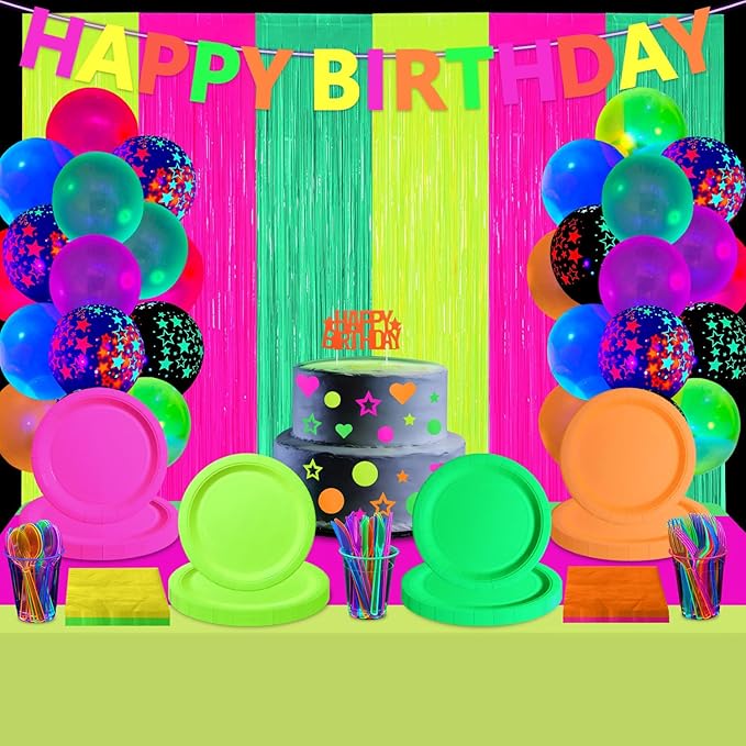 223 PCS Glow in the Dark Party Supplies, Including Colorful Plates Napkins Tablecloth Happy Birthday Banner and Dinnerware with UV Black Light Reactive for Neon Themed Birthday Party, Serves 20