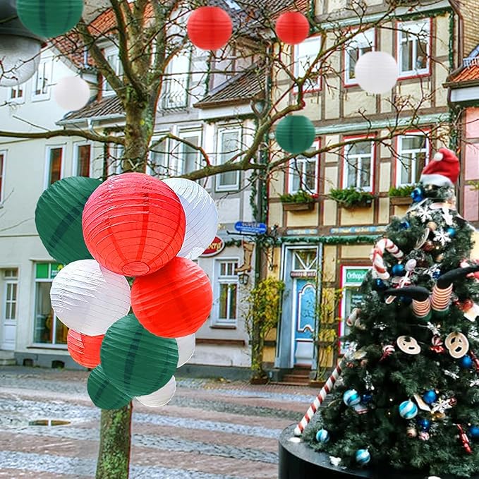 12 Pcs Christmas Paper Lanterns Red Green White Hanging Paper Lanterns for Christmas Graduation Anniversary Wedding Birthday Party Decoration Supplies