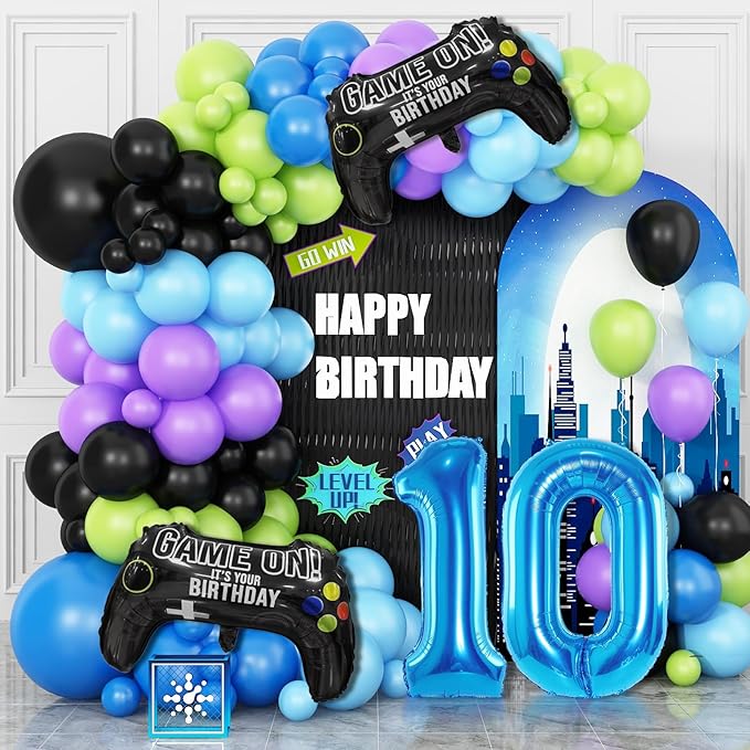 10th Birthday Video Game Balloons Arch, 10th Party Balloons Garland Kit 10th Birthday Supplies with Blue Number 10 Balloon Game Foil Balloons for 10 Year Old Teens Boys Decor