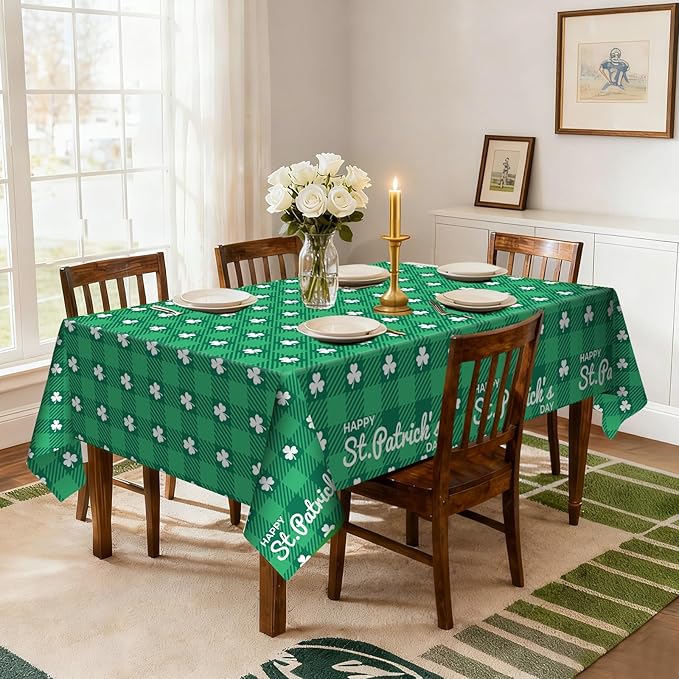 6 Pack Clover Checkered Disposable Plastic Tablecloth 54" x 108" Green Shamrock Party Table Cloths Disposable for 6 to 8 Foot Tables St Patricks Day Party Indoor or Outdoor (Clover Checkered)