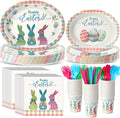 Havawish 350 Pcs Easter Bunny Party Supplies Happy Easter Disposable Tableware Set Pastel Buffalo Plaids Bunny Eggs Oval Paper Plates Cups Napkins Fork Knife Spoon for Spring Party Table Decorations