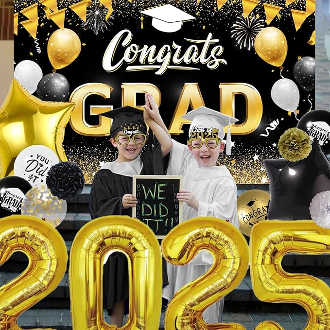 Graduation Party Decorations Black Gold, Graduation Decorations Class of 2025 with Backdrop, Graduations Party Balloons, 2025 Number Balloons, Grad Eyeglasses for Grad Party Supplies 2025