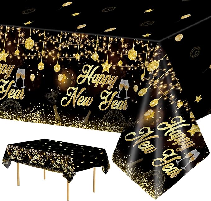 3 Pack New Years Tablecloths - Happy New Year Plastic Tablecloth Set, Black and Gold Disposable New Year's Table Cloth Cover Rectangle for 2026 New Years Eve Party Supplies Decorations, 108x54 Inch