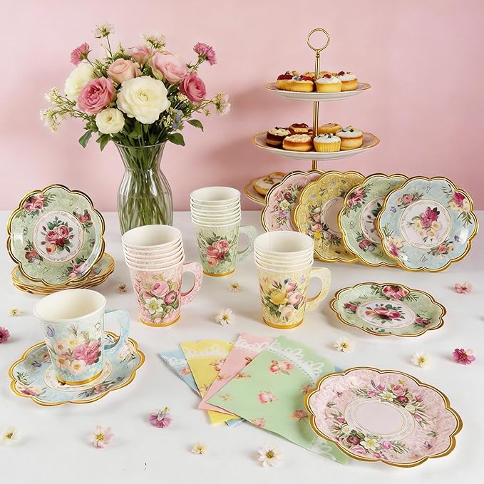 140PCS Spring Tea Party Decorations, Floral Paper Tea Cups & Saucer Set, Disposable Floral Cups With Handle Napkins Plates Knives Forks for Girls Kids Afternoon Tea Birthday, Wedding Party Supplies