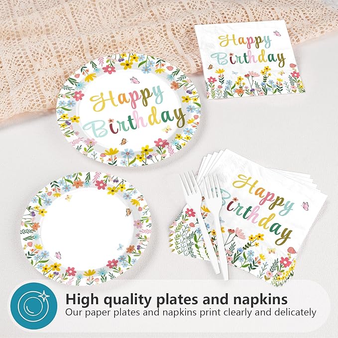 96Pcs Spring Flower Birthday Party Decorations Colorful Wildflower Plates and Napkins Groovy Boho Floral Leaf Disposable Paper Tableware Set for Women Birthday Party Supplies Serves 24