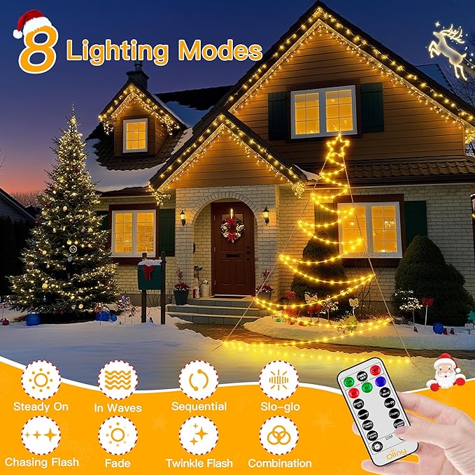 Ollny Outdoor Lighted Christmas Decorations 13FT Tall, IP67 Waterproof Outdoor Christmas Lights with 3 Timers and 8 Lighting Modes, Xmas Decor Light for House Yard Window Wall Decorations (Warm White)