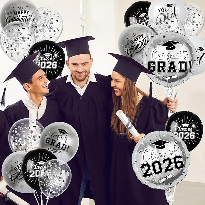 Black and Silver Graduation Balloons Graduation Decorations 2026, 51Pcs Grad Latex Balloons and Grad Foil Balloon with Confetti Ribbons Grad Party Decorations for College High School