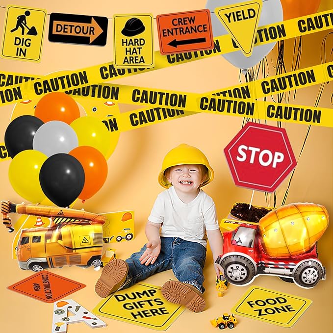 151Pcs Construction Party Decorations Birthday Supplies Construction Balloon Arch Caution Tape Caution Sticker Truck Foil Balloon Boy Kid Build Theme Birthday Party Decoration