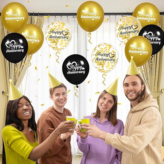 Happy Anniversary Balloons 18Pcs Black Gold Anniversary Party Decorations for Women Men Gold Silver 12Inch Metallic Confetti Anniversary Balloons for Indoor Outdoor Party Supplies