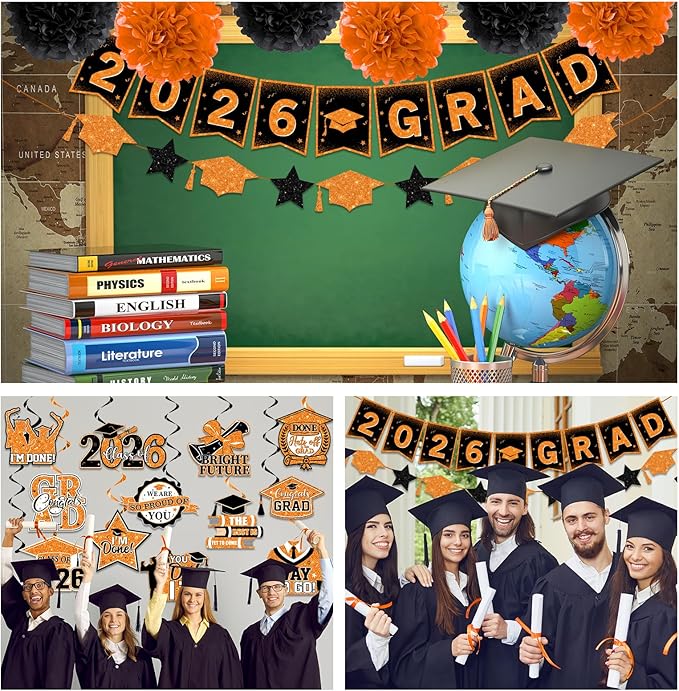 Orange and Black Graduation Decorations, 2026 Grad Banner and Congrats Grad Hanging Swirls, Orange Graduation Banner Graduations Hanging Swirls College Graduations Party Decorations Class of 2026