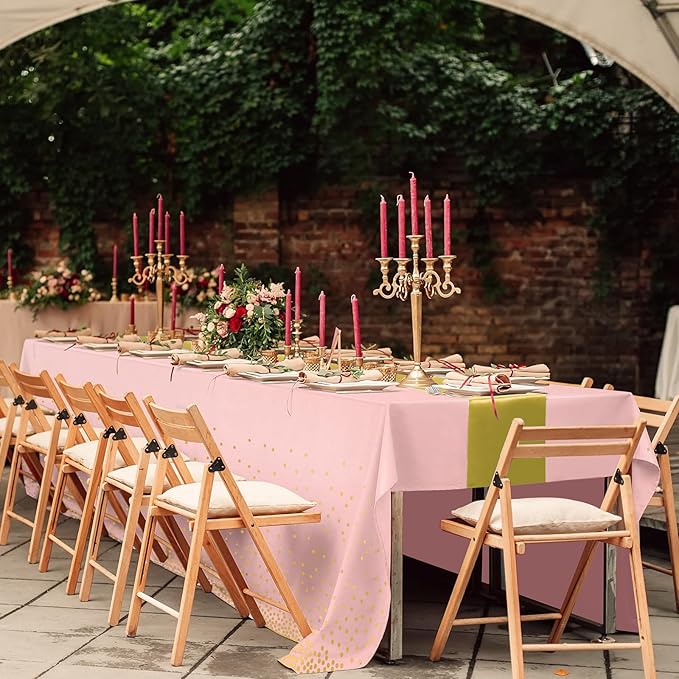 8Pack Disposable Plastic Tablecloths and Satin Table Runner Set Pink and Gold Dot Tablecloth Gold Satin Table Runner for Wedding Birthday Baby Shower Anniversary Christmas New Year Party Supplies
