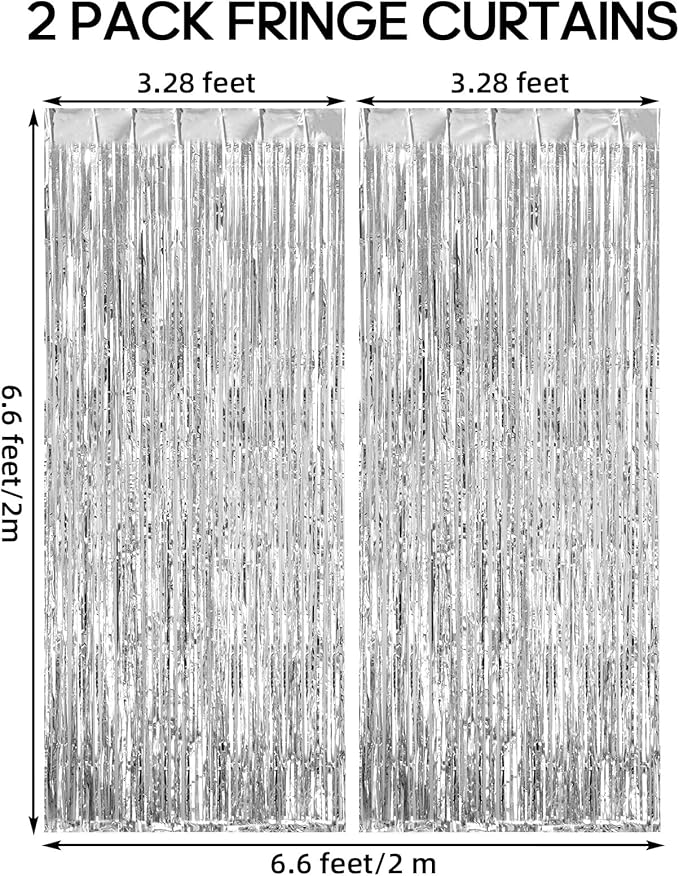 2 Pack Fringe Curtains Backdrops, Foil Fringe Curtains, Door Streamers for Birthday Wedding Bridal Shower Holiday Graduation Party Decorations, Photo Booth Backdrops, Silver