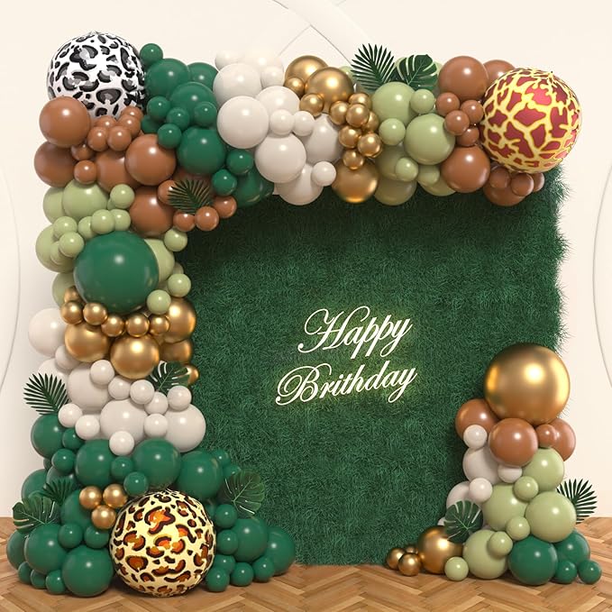 Safari Balloon Garland Arch Kit, JOGAMS 163Pack Jungle Balloon Arch with Sage Green Brown Animal Printed Balloons Leaves for Safari Wild One Jungle Theme Birthday Baby Shower Decorations for Boy