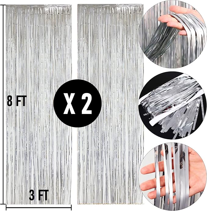 Dazzle Bright 2 Pack Backdrop Curtain, 3FT x 8FT Metallic Tinsel Foil Fringe Curtains Photo Booth Background for Baby Shower Party Birthday Wedding Engagement Bridal Shower (Silver)