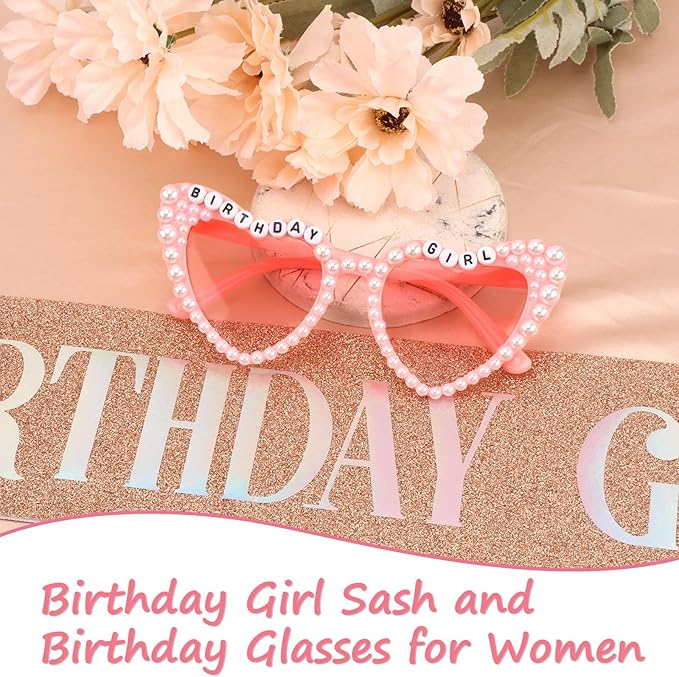 Birthday Girl Sash & Glasses Set, Birthday Sash for Women Girls, Rose Gold 70.8" * 3.75", Happy Birthday Accessories Party Favors Set for Women Girls