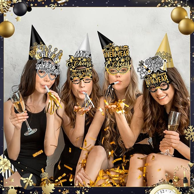 Jenaai 96 Pcs New Year Eve Party Supplies 2026 Happy New Year Eve Party Favors Include Paper Glasses Cone Hats Black Silver Gold Headbands Blowers Noisemakers for Holiday Decors Photo Prop Accessories