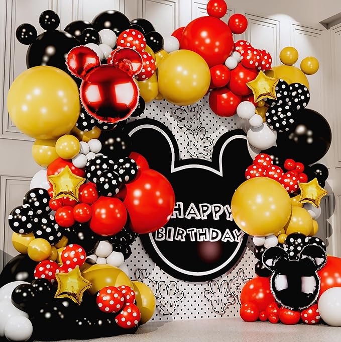 ALL-IN-1 Mickey Balloon Arch Kit with BONUS Mouse Heads & Gold Stars for Mouse Birthday Decorations - Mickey Balloons for Cartoon Mouse Clubhouse Birthday Decorations - Disney Balloons, Mickey Party