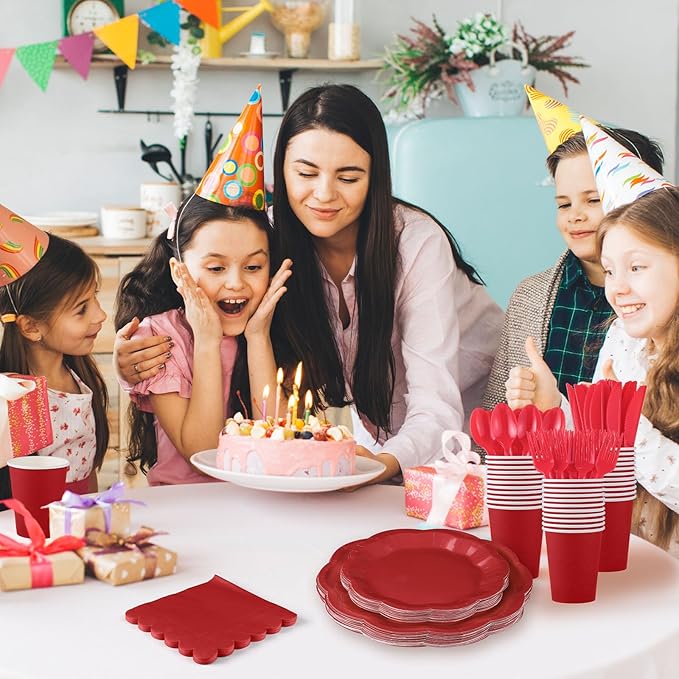 175 Pcs Red Paper Plates and Napkins Set Include 9" Dinner Plates, 7" Dessert Plate Disposable Scalloped Tableware Serve 25 Guest for Wedding Baby Shower Bridal Shower Birthday Mother's Day
