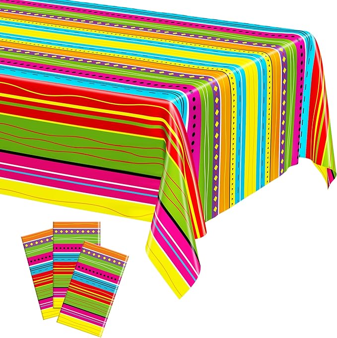 3 Pcs Cinco De Mayo Decorations, Disposable Fiesta Tablecloths (54 X 108 Inches), Rectangle Table Covers with Colorful Serape Stripe Plastic Dinnerware Kitchen Decor for Mexican Themed Party Favors