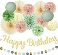 Boho Forest Green Birthday Party Decor Kit with Paper Flowers, Lanterns, Fans, Gold Banner & Garland for Nature-Themed Backdrops, Photo Booth, Garden Party Decorations