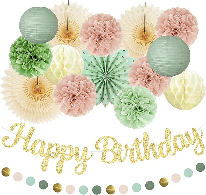Boho Forest Green Birthday Party Decor Kit with Paper Flowers, Lanterns, Fans, Gold Banner & Garland for Nature-Themed Backdrops, Photo Booth, Garden Party Decorations