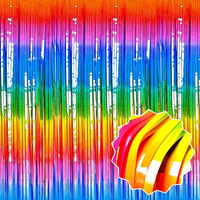 6 Pack Dark Rainbow Foil Fringe Curtains Backdrop, 3.28 x 9.8 Ft Metallic Streamers Tinsel Curtains Background for Photo Booth, Birthday, Halloween, Christmas, New Year Party Decorations