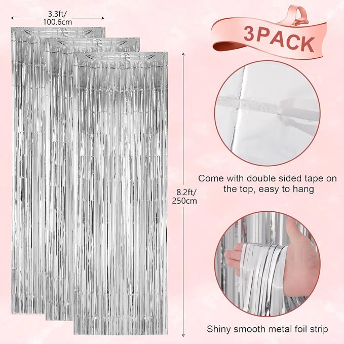 3 Pack 3.3x8.2 Feet Silver Foil Fringe Backdrop Curtains, Tinsel Streamers Birthday Party Decorations, Fringe Backdrop for 2025 New Years Eve, Graduation, Baby Shower, Gender Reveal