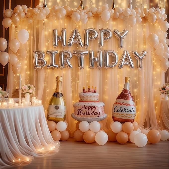 20×10ft Champagne Tulle Backdrop Curtain with Lights String for Parties, Sheer Curtain Backdrop Drapes for Wedding Party Photography Background