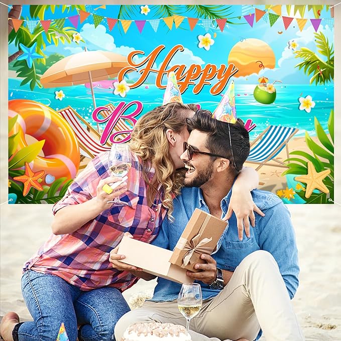Summer Happy Birthday Banner Decorations, Backdrop Decor Supplies, Happy Sign for Backdrop, Large Beach Theme Birthday Banners Supplies Suitable for Any Lively Theme Party Event