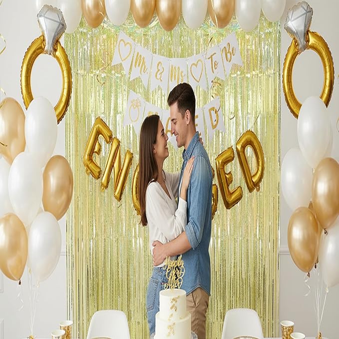 BRAVESHINE Gold Party Tinsel Backdrop - 2 Pack 3.2x8.2ft Metallic Foil Fringe Curtain Streamers for Birthday/Engagement/Bachelorette/Anniversary/Prom/Graduation/Hawaiian/Luau/Wedding Decorations